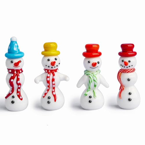 HDCRYSTALGIFTS Set 4 Blown Glass Snowman Figurine Collectibles 2.5'' Handmade Mini Christmas Figurines Decorations Snowman Decor Ornaments Centerpiece - Winter