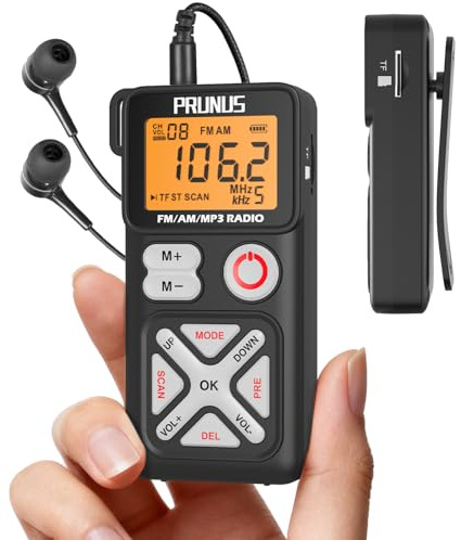 PRUNUS J-988 Pocket AM FM Radio Portable Personal Mini Radio with Digital Tuning LCD Display and Back Clip, Rechargeable Pocket Radio with Earphone and SD Card Player for Walking, Jogging