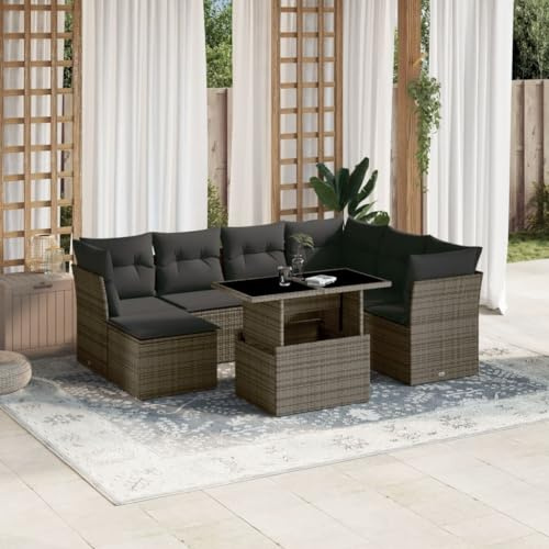 Holamys 8-TLG. Garten-Sofagarnitur, Grau Poly Rattan Loungeset mit dicken Kissen, verstellbarem Esstisch, modulares Terrassenmöbel für Balkon & Garten, Outdoor-Sitzgruppe