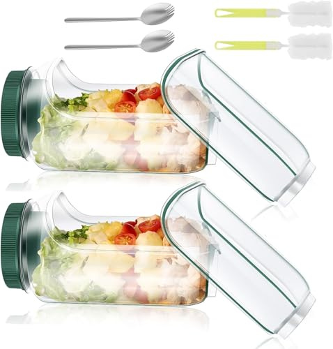 2PCS Salad Pod Container ,800ML Salad Jar with Side Opening,Reusable Plastic Salads Pod with Leak Proof Sauce Dressing Case ,Fork Spoon & Cleaning Brush,Dishwasher Safe for Camping Travel Picnic(2PCS)