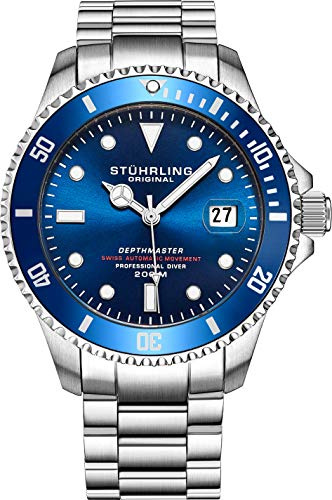 Stuhrling Montre de plongée Professionnelle Automatique en Acier Inoxydable résistante à l'eau, 200 mètres, Bracelet brossé et biseauté avec Fermoir de sécurité et Couronne vissée Montre de plongée