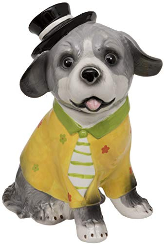 Maturi Ceramic Sitting Dog Trinket with Yellow Jacket and a Green and White Storage Jar