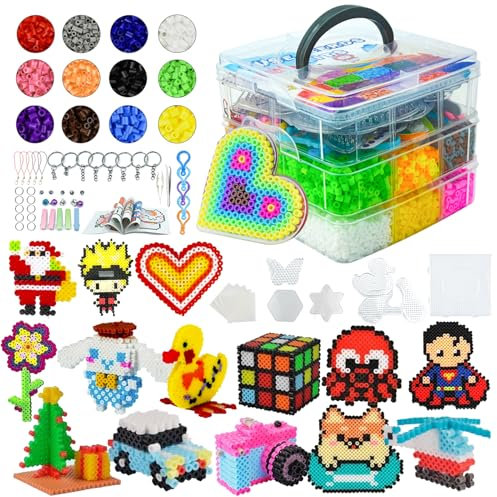 Surplex Bügelperlen, 10000 perlen 12 Farben, 5 Steckplatten, 2 Pinzetten, 5 Wiederverwendbare Bügelpapiere, 3-Stöckiger Behälter 5mm, Schmelzperlenset für Kinder DIY machen pädagogisches Spielzeug