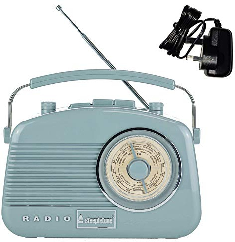 Steepletone Baby Brighton-BT. COMPACT Retro Radio + BLUETOOTH, SPEAKER. Rotary FM Radio, Shabby Chic Nostalgic, 1950s Style, Mains Electric, Battery, Phone Link (Mains Adapter Included) (Pastel Grey)