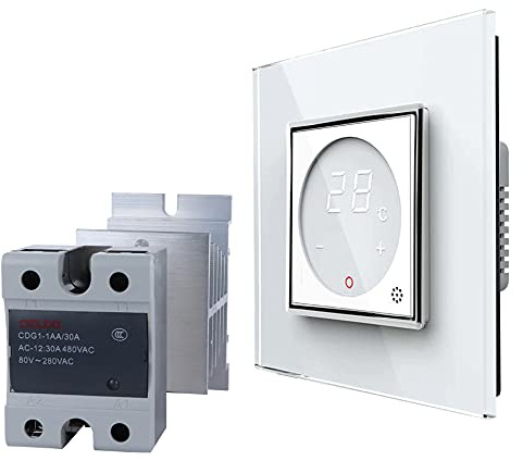 LIVOLO Digitales Touch Raumthermostat inkl. Chrom Glasrahmen mit Elektronischem Lastrelais für Fußboden/Elektroheizung mit Stellmotoren VL-C7-PS72-XQ002-11-VL-C7-SR-11 Weiss Fuß Boden Heizung