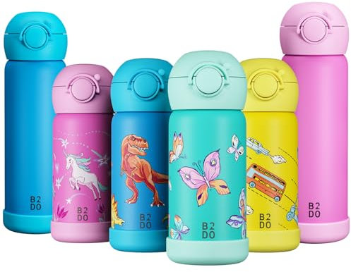B2DO Doppelwandige Edelstahl 316 Thermoflasche für Kinder Schmetterling 350ml| Auslaufsichere isolierte Kinder Trinkflasche für die Schule | BPA-freie Trinkflasche mit Trinkhalm für Kinder