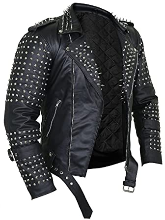 HiFacon Herren-Jacke, schwarzes Punk-Leder mit Spikes, Café Racer, silberfarbene Nieten, Herrenjacke, Schwarz