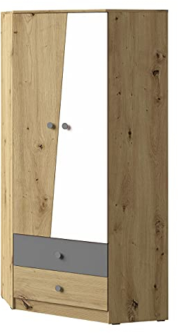 Eckkleiderschrank Araceli AI02, Eckschrank mit Kleiderstange, Fächern und Schubladen, Kleiderschrank, Drehtürenschrank für Jugendzimmer (Eiche Artisan/Eiche Artisan + Weiß + Grau)