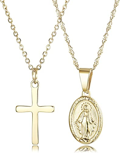 Finrezio 14 Karat Vergoldete Christliche Halskette Maria Kette Katholischer Christlicher Schmuck Kreuzhalskette Halskette mit Anhänger Jungfrau Maria für Damen Mehrschichtiges Halsketten-Set