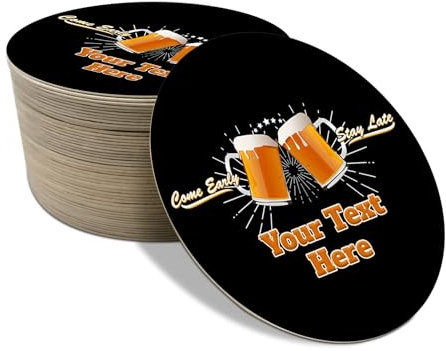 Personalised Beer Mats Pack of 48 - Absorbent Recyclable Round Cardboard Drink Mat Coasters - Accessories for Home Bars Pubs - CO-CARD-DI046-BLACK-R-48 - ADD YOUR TEXT
