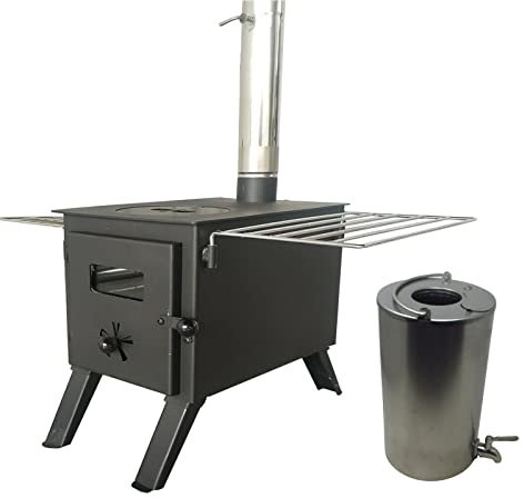 DWD ® Epping Camping Stove Set Portable Outdoor Log Wood Burner with Wing Racks, Stainless Steel Water Boiler Tank Stainless Steel Flue- Compact Camping(DWD-EP533 EPPING STOVE & 5L water heater)