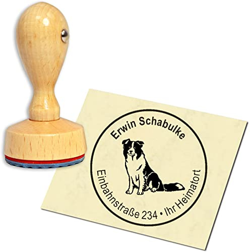 Stempel Adressstempel Holzstempel - Border Collie - rund ∅ 40mm personalisiert als Firmenstempel Namensstempel Bürostempel
