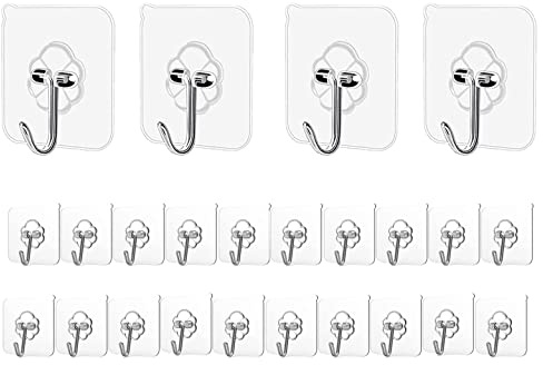 Adhesive Hooks Kitchen Wall Hooks - 24 Packs Heavy Duty 24lb(Max) Nail Free Transparent,Waterproof,Sticky Stainless Hangers for Keys,Bathroom, Shower, Outdoor, Kitchen,Door,Home Improvement,Utility