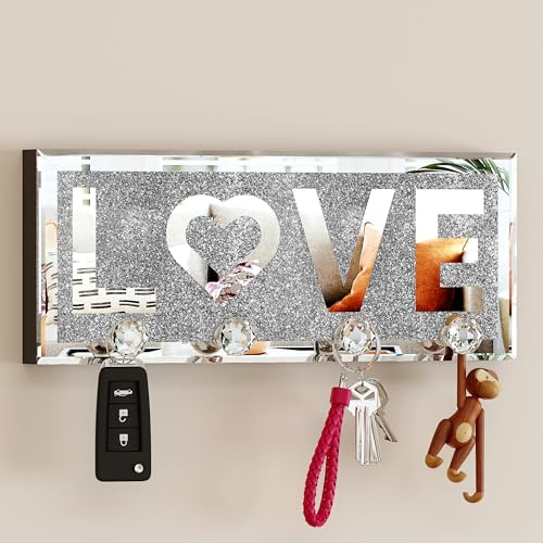 SHYFOY Schlüsselbrett Home, Schlüsselboard Silber mit 4 Kristall Haken, Gespiegelt Schlüssel Aufbewahrung, Schlüsselhaken Modern, Schlüsselhalter Wand, Key Holder Wall, Wanddeko Flur