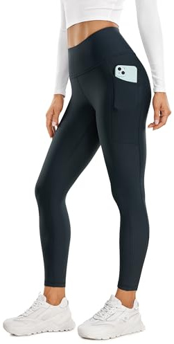 CRZ YOGA Thermal Fleece Fodrade Leggings Kvinnor 25 '' - Hög midja vinterträning vandringsbyxor med fickor Varma löpning Tights Sann marin L