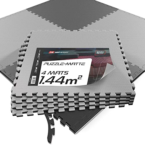 Hop-Sport Puzzlematte 4er, 8er, 12er Set zur Auswahl - Extra Dicke Unterlegmatte für Fitnessgeräte als Rutschfester Bodenschutz - Größe 60 x 60 x 2 cm (schwarz/grau 4 Stück)