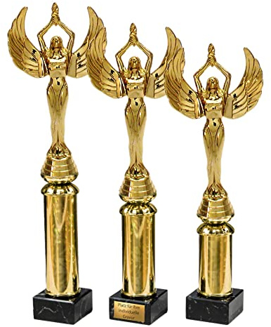 eberin · Siegerpreis · Siegerfigur Engel Pokal mit Wunschtext · Siegesgöttin auf Goldsäule/Marmor · Pokal in 3 Größen erhältlich ·