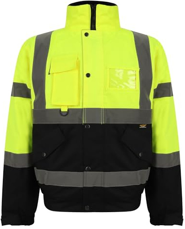 Grunge Wear® Hi Vis Viz Bomber Jacket High Visibility Workwear Safety Security Hooded Padded Waterproof Taped Seams Work Wear Coat Top (Yellow Navy, XX-Large)