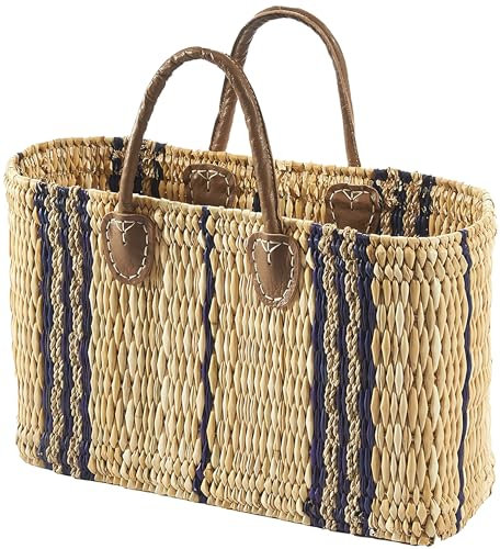 Kobolo Tasche Seegrastasche Korbtasche Strandtasche - Lederhenkel - Muster in blau