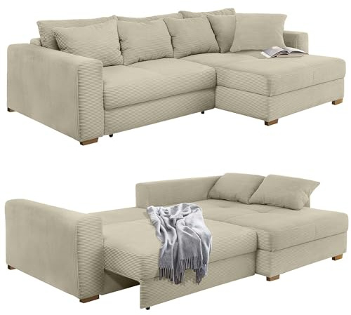 luma-Home 15154/ Ecksofa-Dauerschläfer mit Federkernpolsterung, Beige Grau | B288/T186/H86 cm, Bettkasten, Schlaffunktion mit 3 qm Liegefläche, seitenverkehrt montierbar, Cord-Bezug