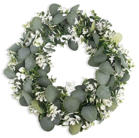 Honitra Eukalyptus Kranz Front Porch Decor und Frühling Kränze für Haustür, 15 Zoll künstliche Eukalyptus Blatt Türdekoration für Frühling Sommer, Greenery Blumen Kranz für Fenster Hochzeit