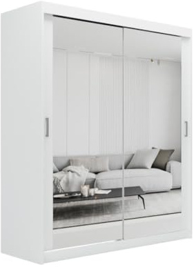 ELUKS SKY Double Sliding Doors Wardrobe with Mirror Drawers Furniture for Bedroom Living Room and Hall Wardrobe Organizer Width 100cm/120cm/150cm/180cm/200cm (White, 150cm+ 2 drawers)
