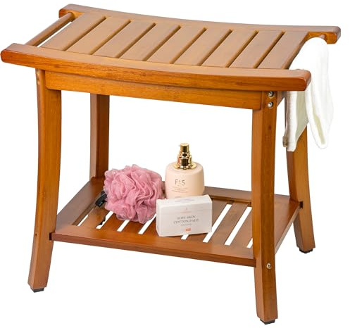 Utoplike Bambus Dusche Bank für Innen, Braun Badezimmer Hocker mit Griffen | Holz Badhocker, Lagerung Regal, Badezimmer Sitz für Handtücher, Spa und Organisation