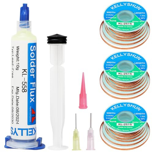 KELLYSHUN KL-558 Flussmittel Löten,10ML No-Clean Bleifreies Kolophonium Flussmittel(1 Stück)2.5MM/1.5M Entlötlitze(3 Stück) Geeignet Für Handy-Lötungen,BGA,Haushaltsgerätereparaturen