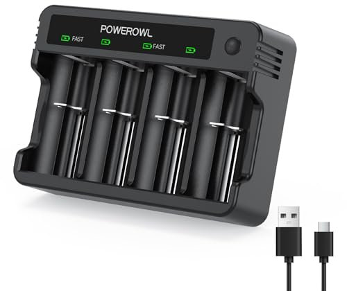 POWEROWL AA AAA C D Battery Charger, Universal Battery Charger for Ni-MH Rechargeable Batteries (USB Fast Charging, Input DC 5V 2A, Independent Slot)