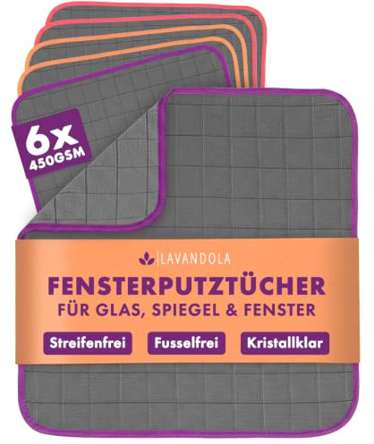 Lavandola® 6X Fensterputztücher Carbon Mikrofaser (450 GSM Extra Stark) - Streifenfrei & Saugstark für Fenster, Auto & Spiegel - Premium Glastuch ohne Chemie