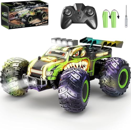 Comius Sharp Radiostyrd bil, för barn, 20 km/h, fjärrkontrollbil monstertruck med 2 strålkastare och 2 batterier, offroad-bil med dinosaurietryck, 2,4 GHz, för barn från 6 till 12 år