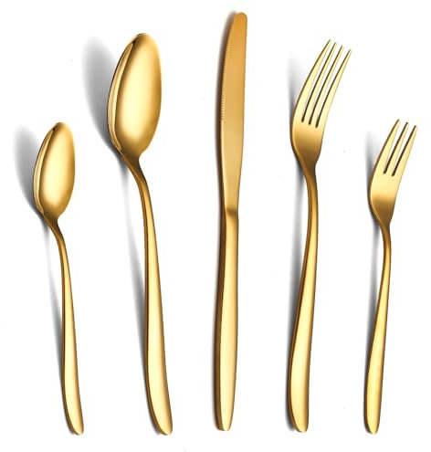 SANLI Besteck Set Gold 12 Personen, 60 Teilig Modern Edelstahl Goldenes Messer und Gabel Löffel Besteckset.
