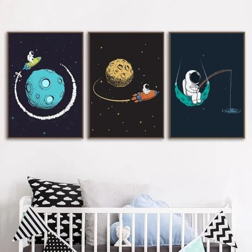 HTWLMM Astronaut Space Kinderzimmer Bilder Leinwand Malerei Ohne Rahmen Poster Kunstdruck Gemälde für Wohnzimmer Wohnkultur Wanddekoration (3X60X90CM,Kein Rahmen)
