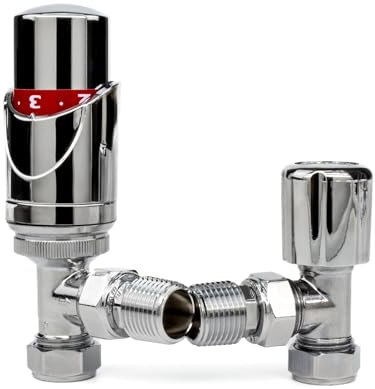 Radiator Thermostatic Valve Adjustable Temperature Control Lock Shield15mm x 1/2 BSP Brass Body Energy Saving Fits Radiators Easy Install (Angle Silver TRV and Lockshield Valve Set 15mm)