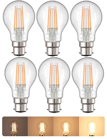 EDISHINE 6 Pack B22 Dimmable LED Bulbs, 6.5W 2700K Warm White, 806LM | CRI 80+, 300° Beam, A60 Filament, Warm Glow, Bayonet Light Bulbs for Table Lamp, Floor Lamp, Commercial Use, Home Lighting