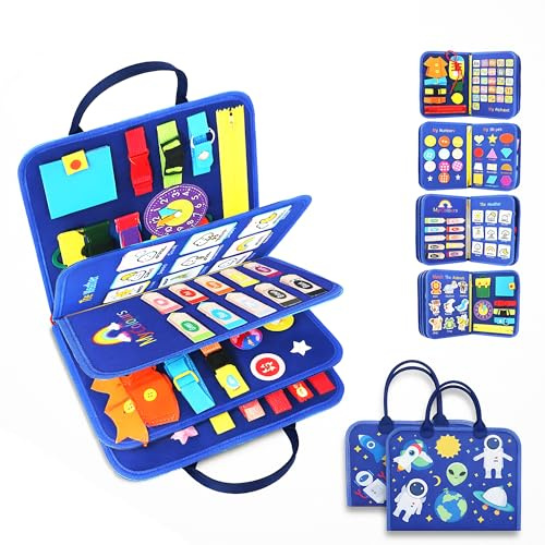 7-in-1 Blue Busy Board For Toddlers - Montessori Senory Toys Activity Board For 1 To 5 Year Old Kids - Preschool Education Learning Fine Motor Skills - Travel essentials toys for Boys and Girls