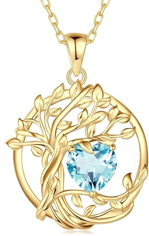 FANCIME Lebensbaum Geburtstein Kette für Damen Gelbgold Vergoldet Baum des Lebens Edelstein Anhänger Halskette Schmuck Geschenke für Damen Frauen Mädchen, Kettenlänge: 40+5 cm