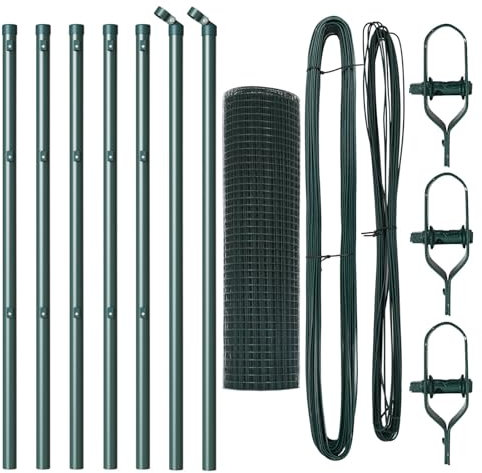 vidaXL Set di Pali per Recinzione Verde in Acciaio con Rotolo di Rete 10 X 0.5 m Durevole Design Tradizionale per necessità di Installazione di Recinzione da Giardino Accessori