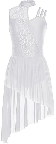 RUNQHUI Femme Asymétrique Robe Danse Contemporaine Strass Dentelle sans Manches Justaucorps Gymnastique Tenue Patinage Artistique Blanc S