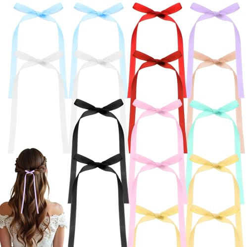 Heclia 16 Pcs Silky Satin Hair Bows Set Elegant Bowknot Clips with Long Tassels Metal Barrettes for Ponytails Braids Half-Up Hecila Weddings Christmas Birthday Parties Daily Wear Photo Shoots