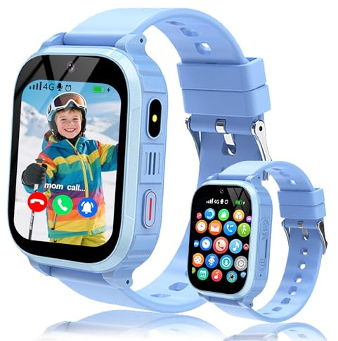 Moikmlih GPS Kids Smart Watch Boys, 4G Smart Watch for Kids with Video/Voice Chat, SOS Call, School Mode, Game, Flashlight, Alarm, Calculator, Passcode Lock, IP68 Kid GPS Tracker for Teen Child