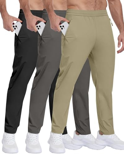 3 Pack Mens Athletic Hiking Pants with Zipper Pockets,Water Resistant Quick-Dry Lightweight Outdoor Sweatpants-Black/Dark Gray/Khaki-M