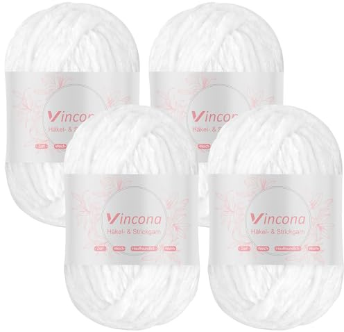 Vincona Lana de chenilla lanas para crochet，4 x 100g hilos para crochet Suave y cómoda, ideal para tejer suéteres, calcetines, bufandas, bolsos, mantas, cojines, muñecas Blanco