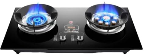 BZJPRFC Estufas De Gas Portátiles, Estufa De Sobremesa De 5,2 KW con 9 Cavidades, Wok De Acero Inoxidable con Tapa De Vidrio Y 2 Quemadores(NG)
