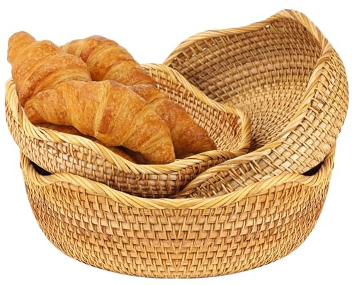 Rattan Fruit Baskets Set of 3, Hand Woven Bread Basket | 22, 25 and 30 cm Wicker Serving Basket Bowls for Kitchen Counter Organising, Decorative Wave Design