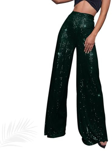 Generiskt paljetttäckta, glittrande palazzobyxor med hög midja och vida ben för kvinnor – gnistrande festbyxor med glitterleggings, Mörkgrön, 5XL