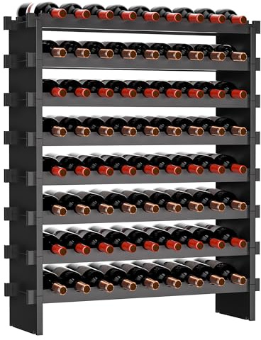 VASMIA Scaffale per Vino in Bambù Impilabile, Autoportante, 72 Bottiglie, Senza Attrezzi, Montaggio a 8 Livelli, per Cucina, Bar, Sala da Pranzo, Cantina, Nero