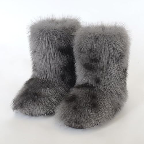 Pälsimitation-stövlar, damvinterskor, fluffiga varma snöstövlar för kvinnor, mellanhöga bekväma utomhusstövlar med flat sula gray European-size-38⅔