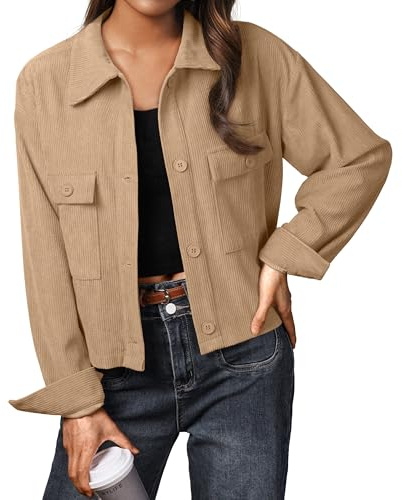 IWOLLENCE Cordjacka dam skjortjacka manchesterskjorta kort jacka långärmad revers button-down shacket kappa, kaki, XS
