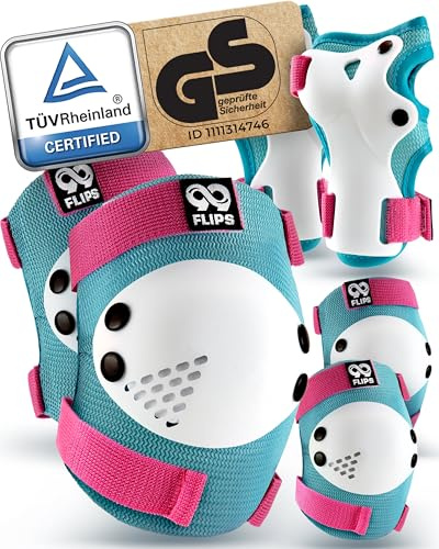 99FLIPS Inline Skateskydd för Barn Set 3-12 år [6-pack] - Knäskydd, Armbågsskydd och Handskydd - för Skateboard, Skoter, Utomhussporter - RISE - Storlek SM - ROSA BLÅ